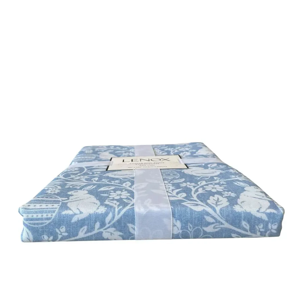 Lenox Blue Easter Egg Toile Bunny Rabbit Baby Chick Cloth Tablecloth 60” X 84”